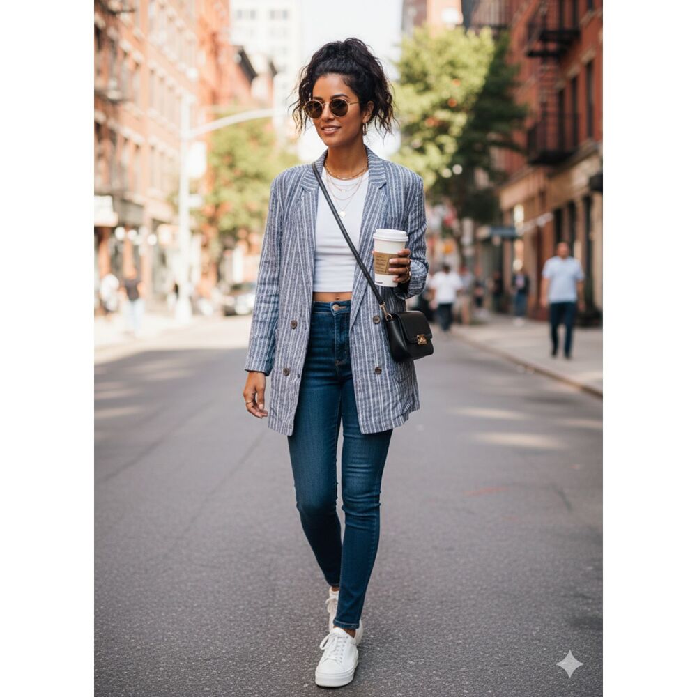 Striped Linen Blend Double-Breasted Blazer - Blue/White, urban chic, streetwear